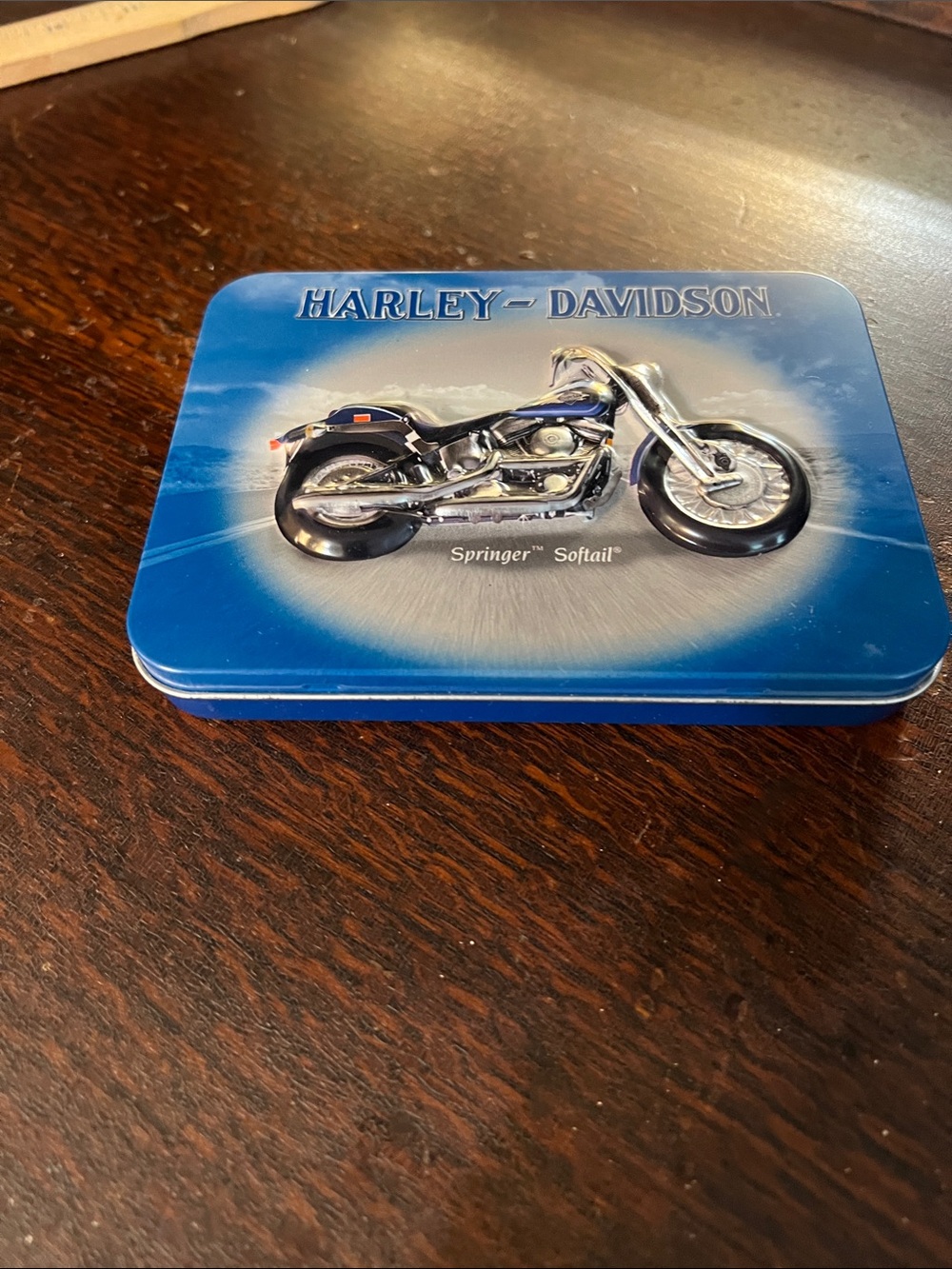 Harley-Davidson Blue and Silver Motorcycle Tin